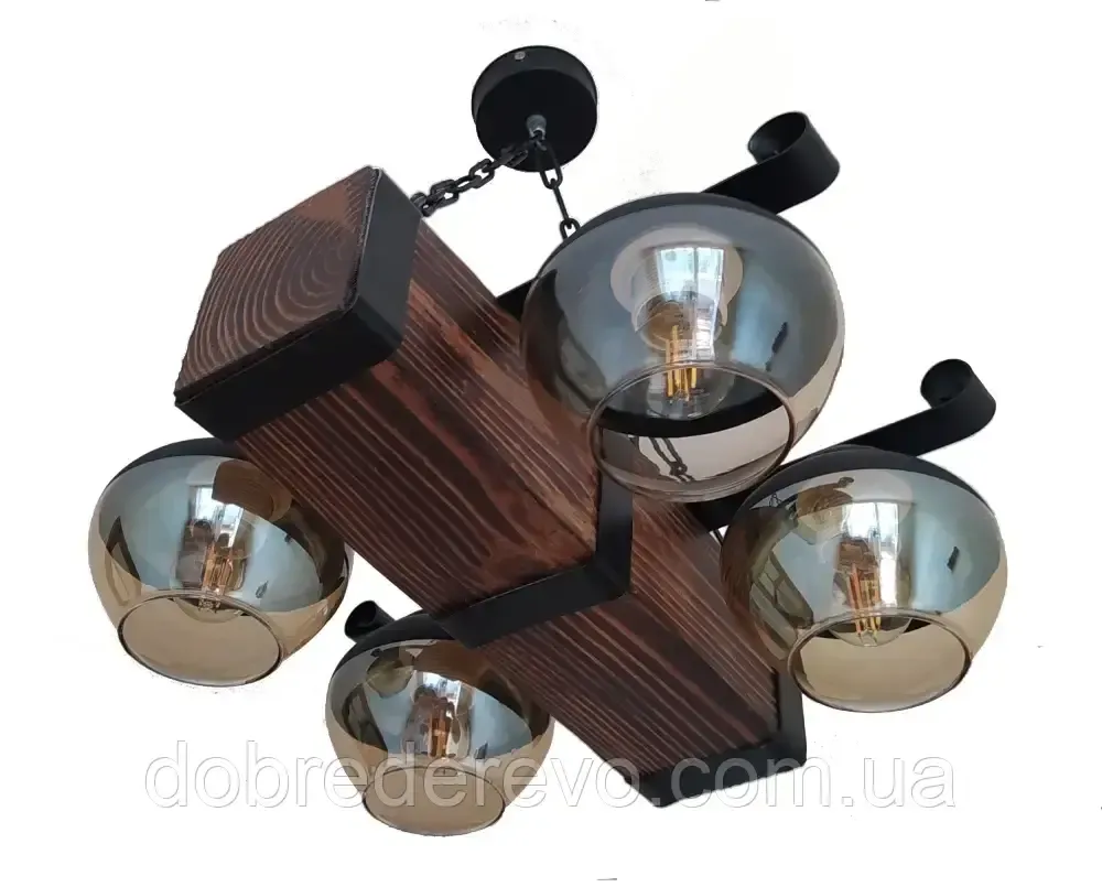 Дерев'яний світильник балка склянним плафоном на ланцюгу Вижниця - фото 1