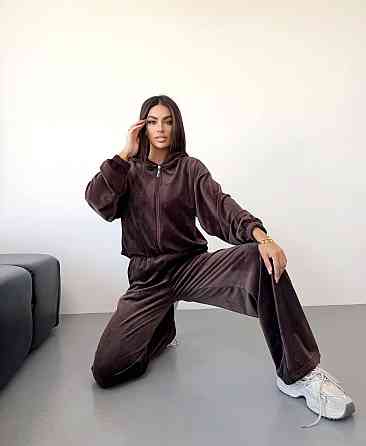 Женский стильный прогулочный костюм тройка: кофта топ и брюки из мягкого велюра Шоколадный, 46/48 Одесса