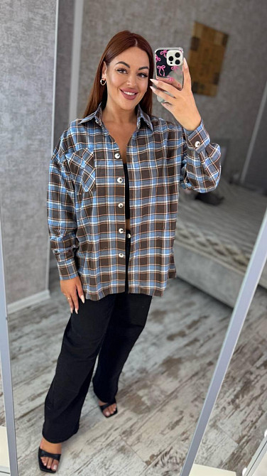 Женская оверсайз рубашка в клетку турецкая фланель Шоколад, 50/56 Одесса - изображение 6