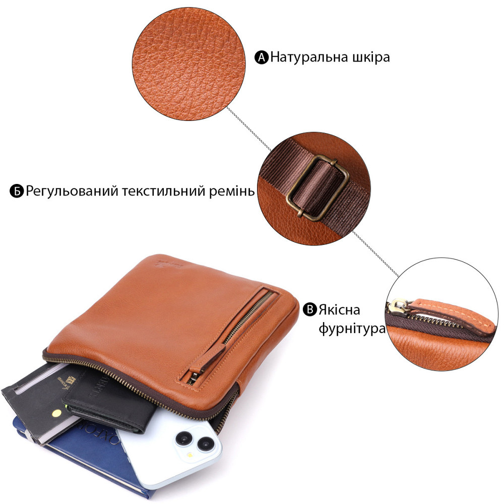 Мужская кожаная сумка через плечо из прочной зернистой кожи Shvigel 23151 Рыжий Киев - изображение 9