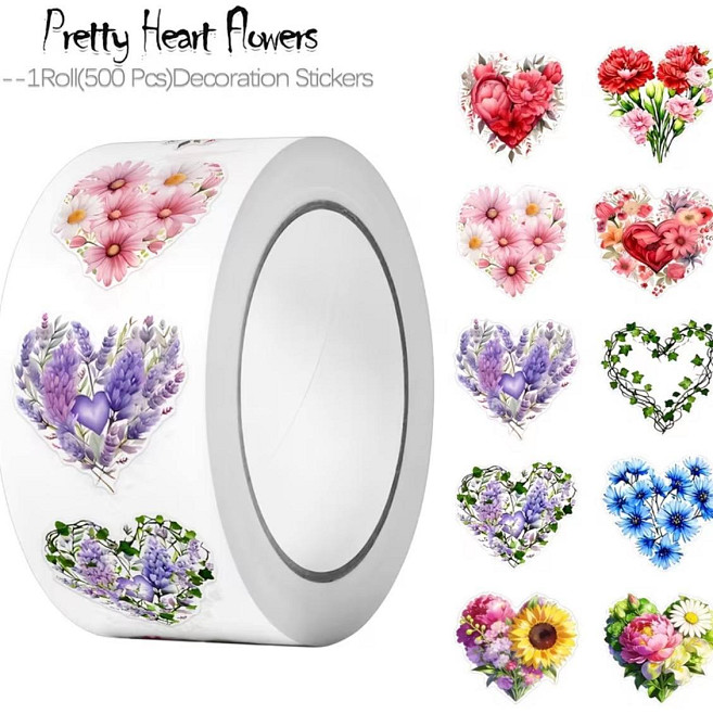 Наклейки сердечки с цветами 500 шт рулон декоративные стикеры для подарков упаковки конвертов Киев - изображение 1