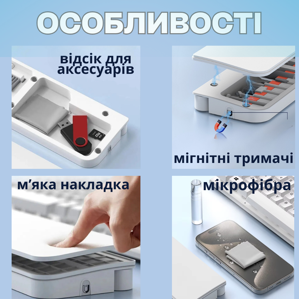 Набор для чистки гаджетов 22в1,комплект щёток с подставкой для клавиатуры для чистки,клавиатуры и электроники Каменец-Подольский - изображение 7