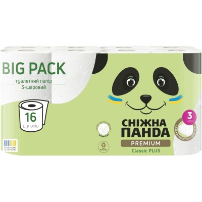 Туалетний папір Сніжна Панда Premium Classic Plus 3 шари 16 рулонів (4820183972842) Вінниця - фото 1