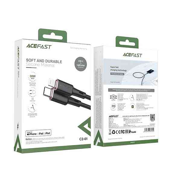 Кабель ACEFAST C2-01 Type-C to iP 3A, 20W, 1.2m silicone, zinc connectors, Black Киев