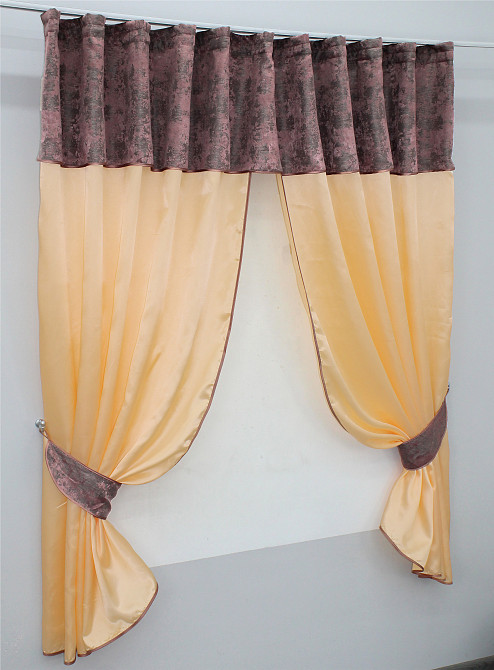 Кухонні штори VR-Textil № 073к з ламбрекеном і підхватами персиковий з малиново-сірим 270х170 см (52-0201) Киев - изображение 2