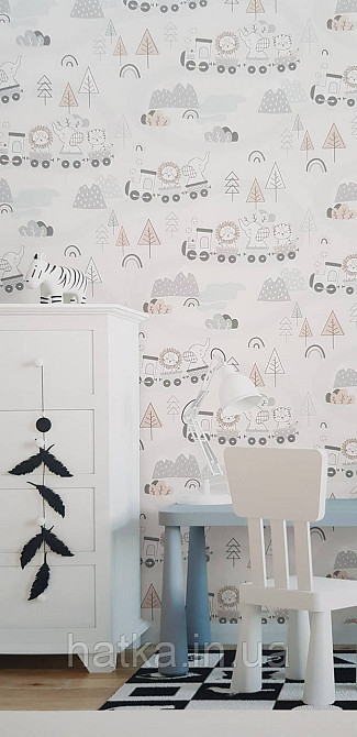 Шпалери флізелінові еко Rasch Kids World II 0.53х10 дитячі залізниця звірі дерева на білому Київ - фото 1