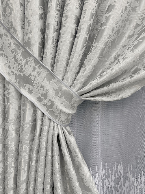 Комплект штор VR-Textil Льон Мармур 100х270 2шт і Тюль 400х270 1263ш-1675т Світло-сірий з білим 71-168/2 Київ - фото 4