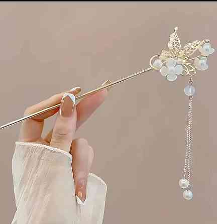 Шпилька для волос с бабочкой и жемчугом, декоративная палочка для волос с подвесками 16,5 см Киев