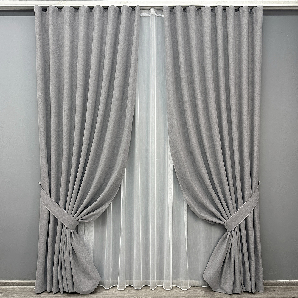 Комплект штор VR-Textil 100% блекаут ASHEN NIGHT 150х270 2шт і Тюль 400х270 1840ш-1153т світло-сірий з білим 71-087/3 Київ - фото 1