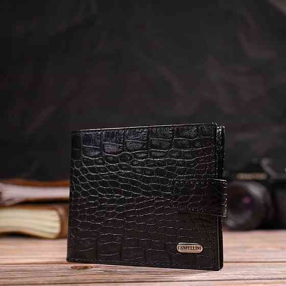 Зручний чоловічий гаманець із натуральної фактурної шкіри з тисненням під крокодила Чорний (CANPELLINI) Київ