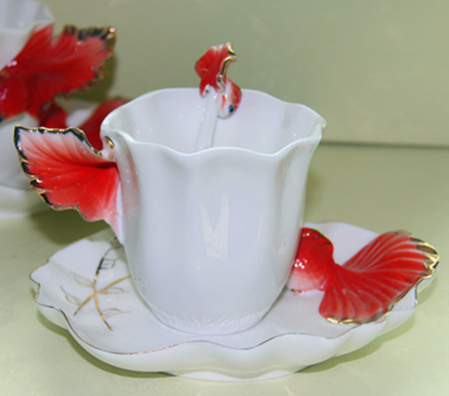 Чайная пара Чашка 200 мл с блюдцем и ложечкой Золотая рыбка костяной фарфор Кременчуг - изображение 4