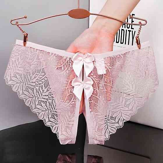 Еротичні трусики рожеві жіночі з розрізом і бантиками - розмір 42-46, резинка до 82см Київ