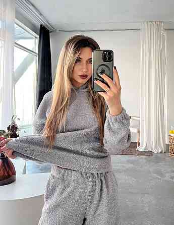 Женский теплый уютный костюм двойка: кофта и штаны барашек на флисе Серый, 46/48 Одесса