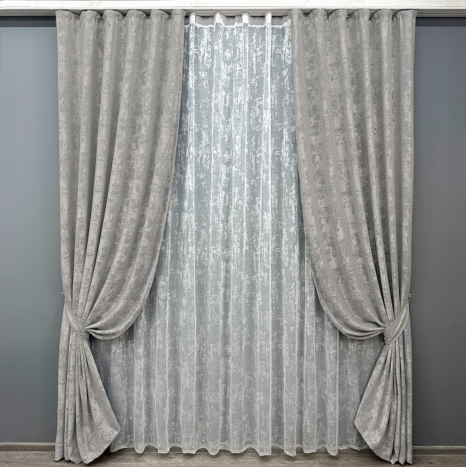 Комплект штор VR-Textil Жаккард Мрамор 200х270 2шт и Тюль 600х270 1124ш-1400т Светло-серый с белым 71-058/7 Киев - изображение 1