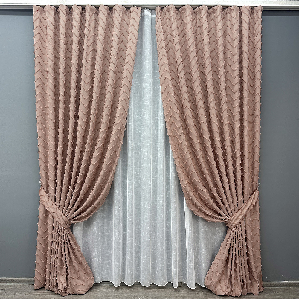 Комплект штор VR-Textil Лен Букле 200х270 2шт и Тюль 600х270 1811ш-115т Пудровый с белым 71-046/7 Киев - изображение 1