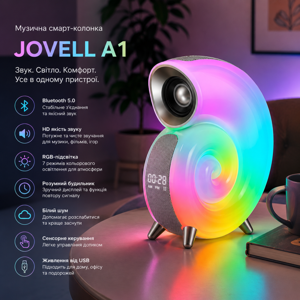 Музична смарт-колонка JOVELL A1 Ракушка: Bluetooth, RGB-підсвітка, будильник, білий шум та HD-звук Київ - фото 10
