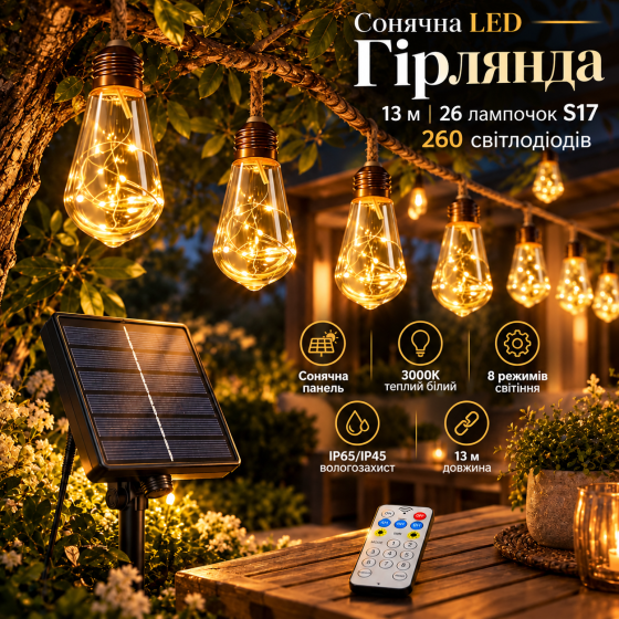 Сонячна LED-гірлянда для саду 13 м, 26 лампочок S17, 260 світлодіодів, 3000K, 8 режимів, IP65/IP45, теплий білий Київ