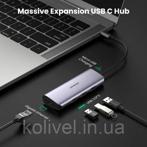 Хаб USB 3.1 Type-C -> 3хUSB 3.0 + RJ45 1000M Ethernet сірий UGREEN (60718) Київ - фото 2
