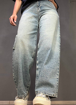 Джинси жіночі I8 52428 Skater Jeans банани висока посадка варка з жатим ефектом косі кишені блакитні Одеса - фото 4