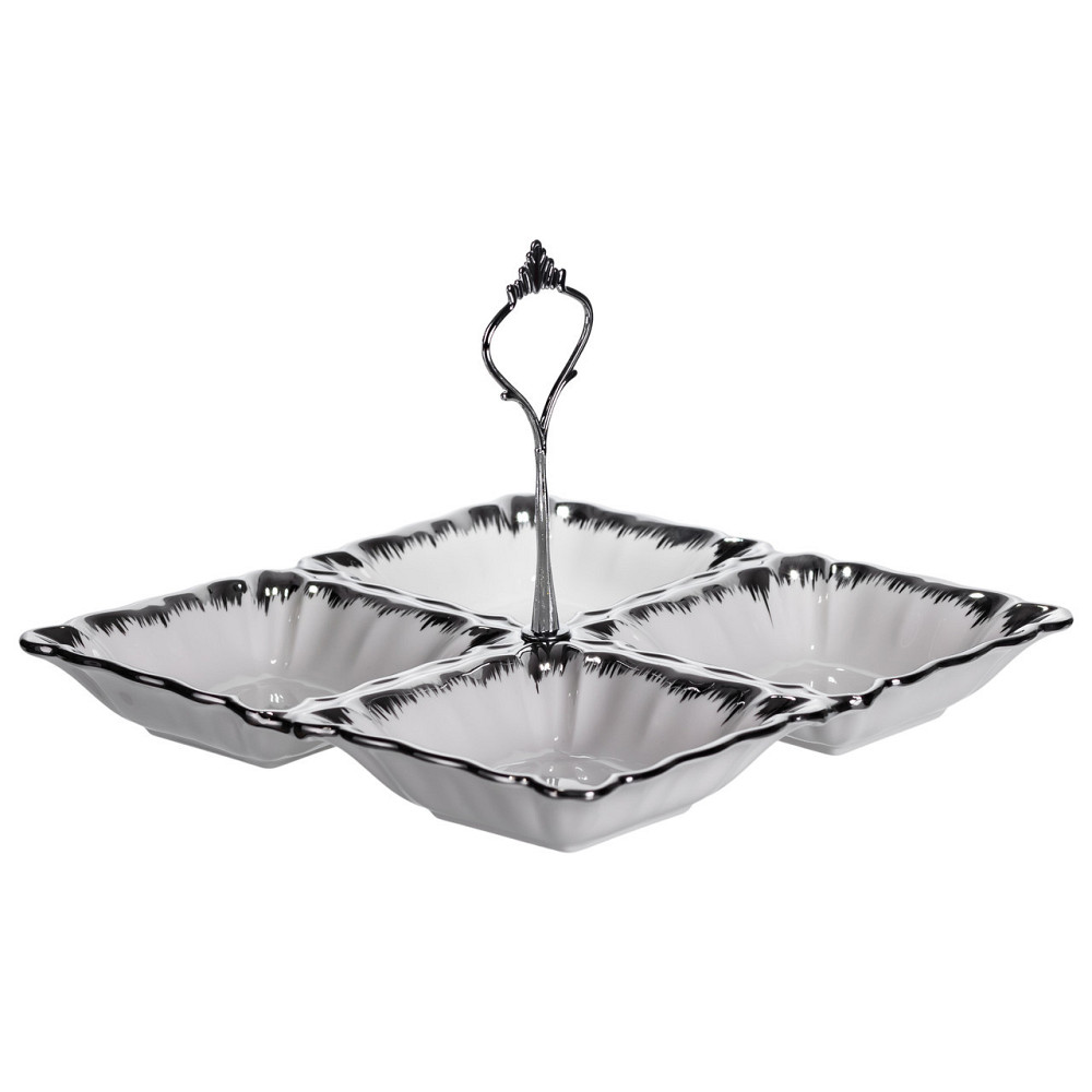 Менажниця фарфоровая на 4 секції з ручкою, біла з сріблом Київ - фото 4