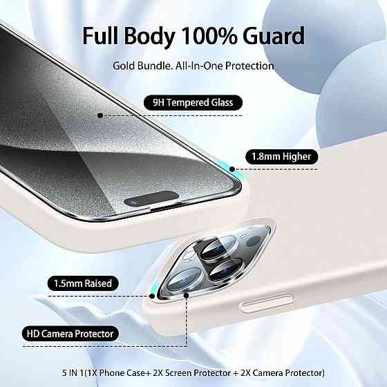 Чехол 5 в 1 для iPhone 15 Pro Max жидкий силикон 2 защитных стекла 2 накладки на камеру микрофибра тонкий Киев