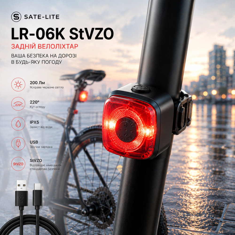 Задний велофонарь Sate-lite LR-06K StVZO: 200 Лм, LED, угол обзора 220°, IPX5, USB-зарядка Киев - изображение 10