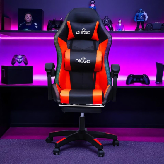 Игровое кресло DIEGO с подставкой для ног, массажем и LED-подсветкой – Черно-красное, выдерживает до 150 кг Львов