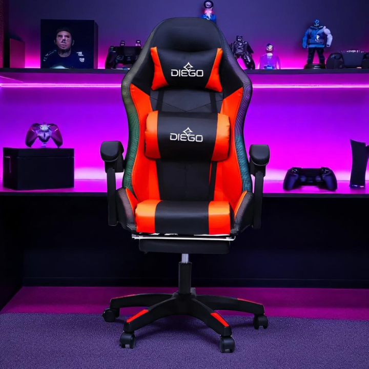 Геймерське крісло DIEGO з підставкою для ніг, масажем та LED-підсвіткою – Чорно-червоне, витримує до 150 кг Львів - фото 6