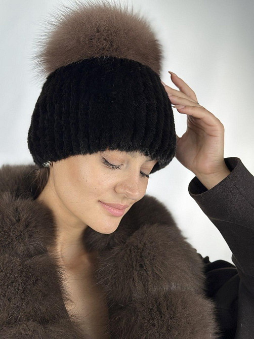 Норковая  меховая шапка женская с помпоном  песца Шоколад Харьков - изображение 5