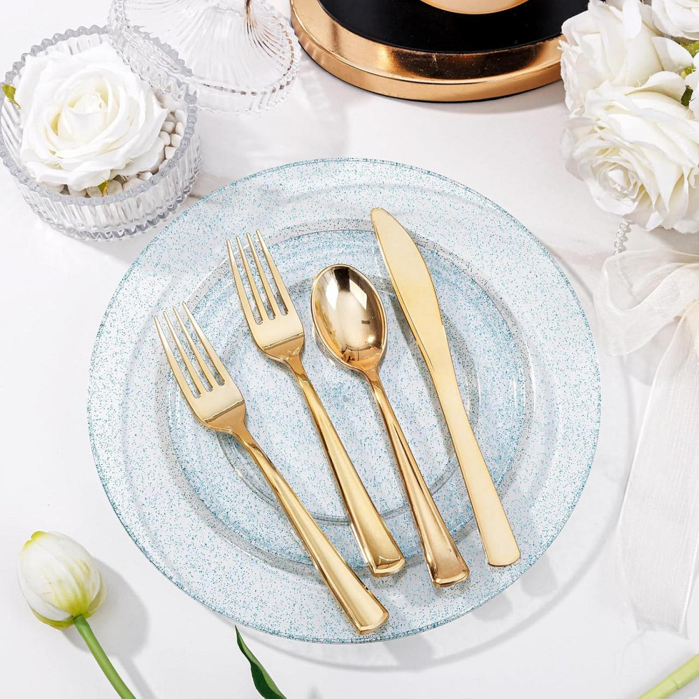 Набор тарелок пластиковых круглые 4 шт, десертные 19 см и обеденные 26 см,синие прозрачные с блёстками Каменец-Подольский - изображение 3