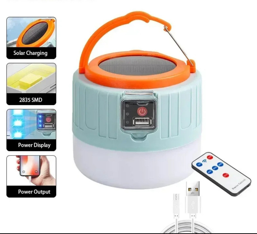 Фонарик аккумуляторный с пультом светодиодный с USB разъёмом повербанк солнечная батарея 11 на 9.5 см голубой Киев - изображение 9