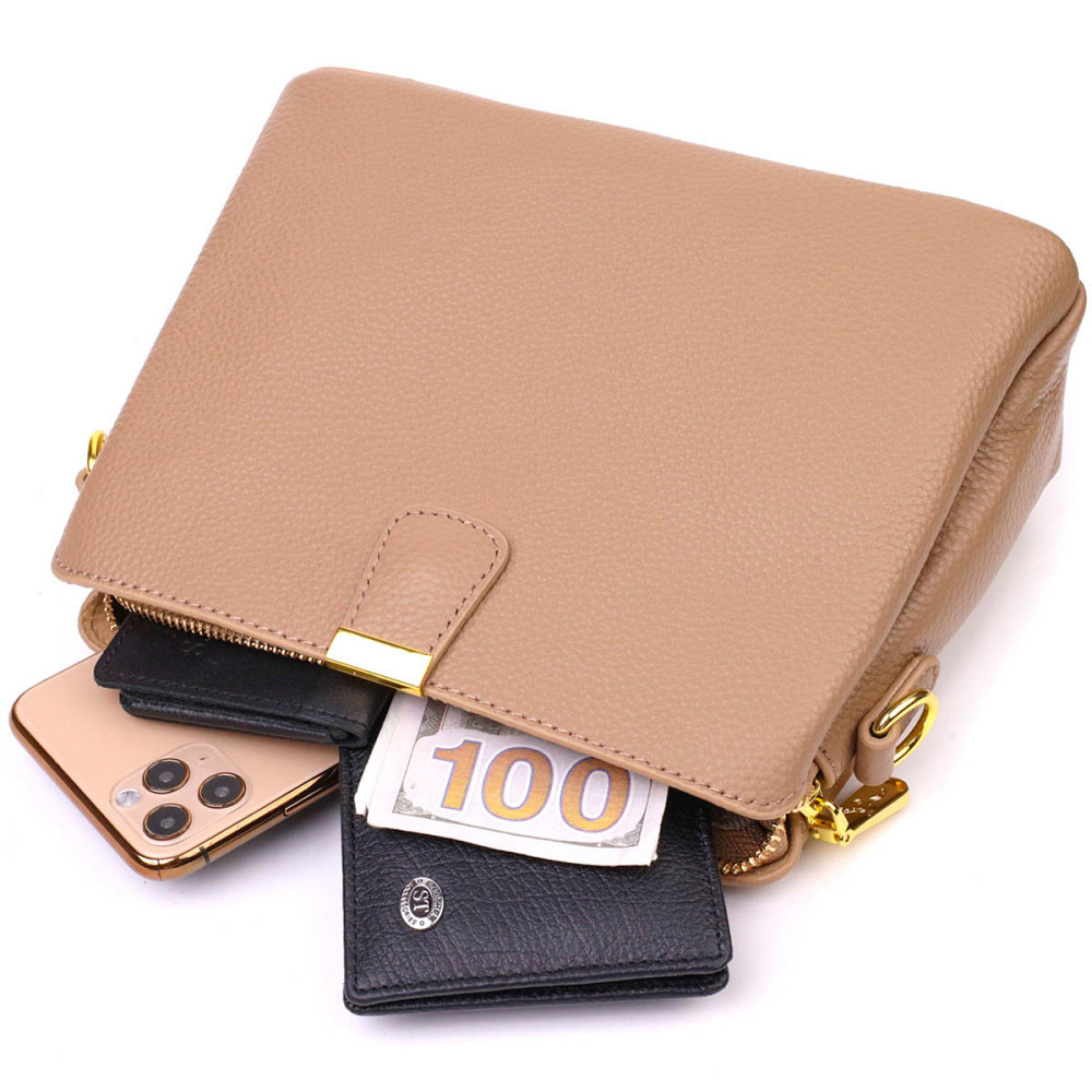 Женская модная сумка на три отделения из натуральной кожи 22106 Vintage Бежевая Киев - изображение 8