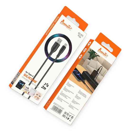 Кабель для зарядки Avantis USB - Type-C, 2м, 3,0А черный, круглый силиконовая оплетка QC Мукачево