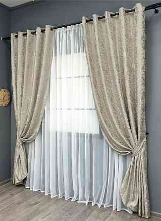 Комплект штор на люверсах VR-Textil Льон мармур Pavliani ХО № 1272ш Теплий бежевий 150х250 см 2 шт (37-0318) Київ