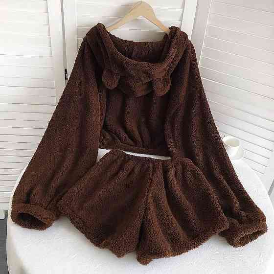 Жіноча плюшева піжама-двійка: кофта та шорти турецька двостороння махра Шоколадний Одеса