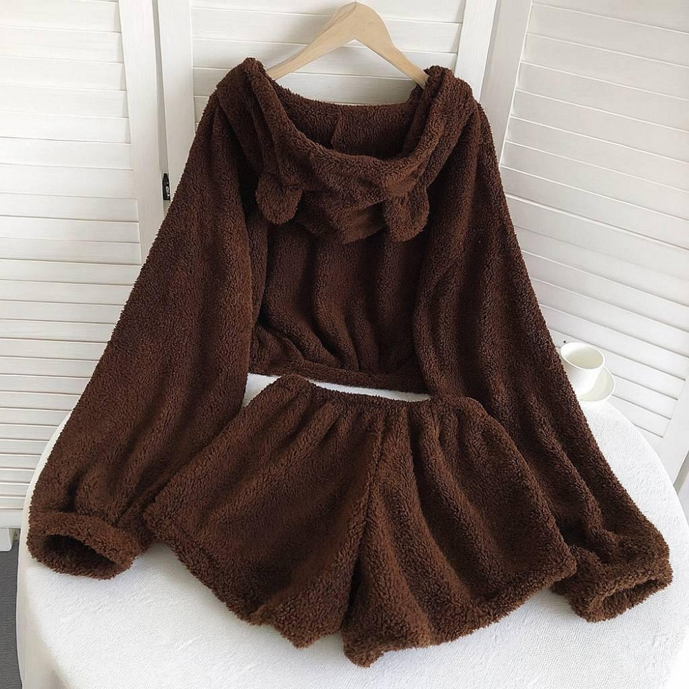 Жіноча плюшева піжама-двійка: кофта та шорти турецька двостороння махра Шоколадний Одеса - фото 2