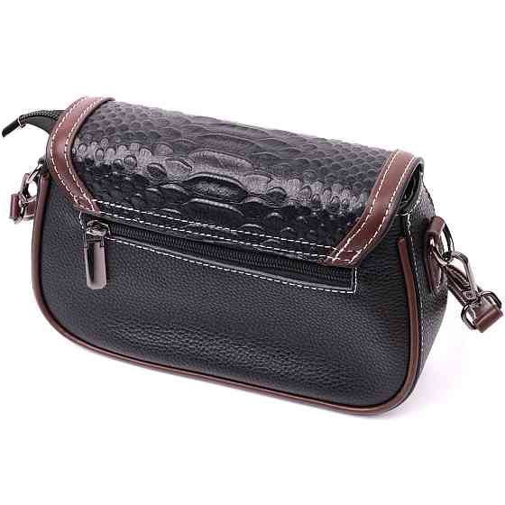 Стильная сумка для женщин с фактурным клапаном из натуральной кожи Черная (Vintage) Киев