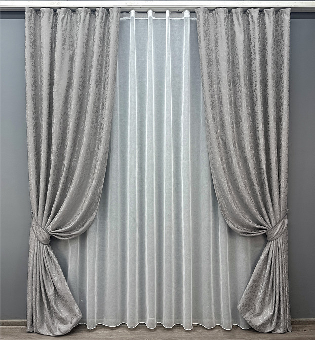 Комплект штор VR-Textil Лен Мрамор 150х270 2шт и Тюль 600х270 1714ш-1276т Серый с белым 71-009/5 Киев - изображение 1