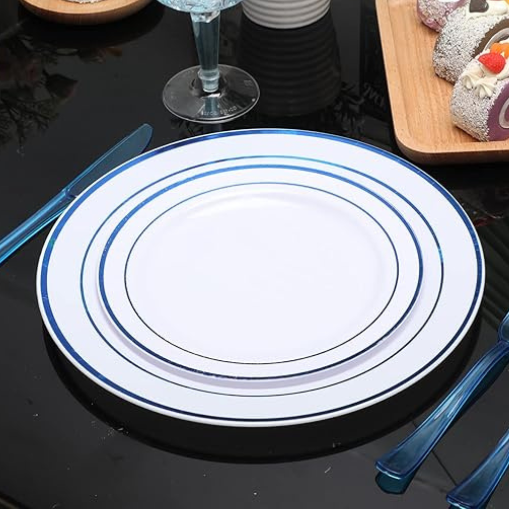 Набір тарілок пластикових круглі 12 шт, десертні 19 см і обідні 26 см, білі з синім контуром Кам'янець-Подільський - фото 3