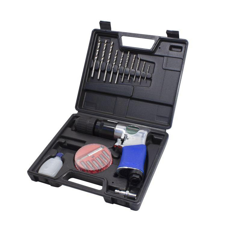 Пневмодрель з реверсом, набором біт і свердлів 20пр(патрон:1-10мм,2200об/хв,6.3Bar,штуцер 1/4