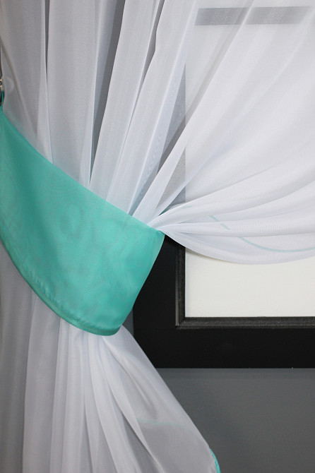 Кухонные шторы VR-Textil № 091к с ламбрекеном и подвязками бирюзовый с белым 270х170 см (52-0777) Киев - изображение 3