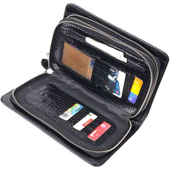 Стильная мужская барсетка на два отделения из натуральной фактурной кожи с тиснением под крокодила Черная (CANPELLINI) Киев