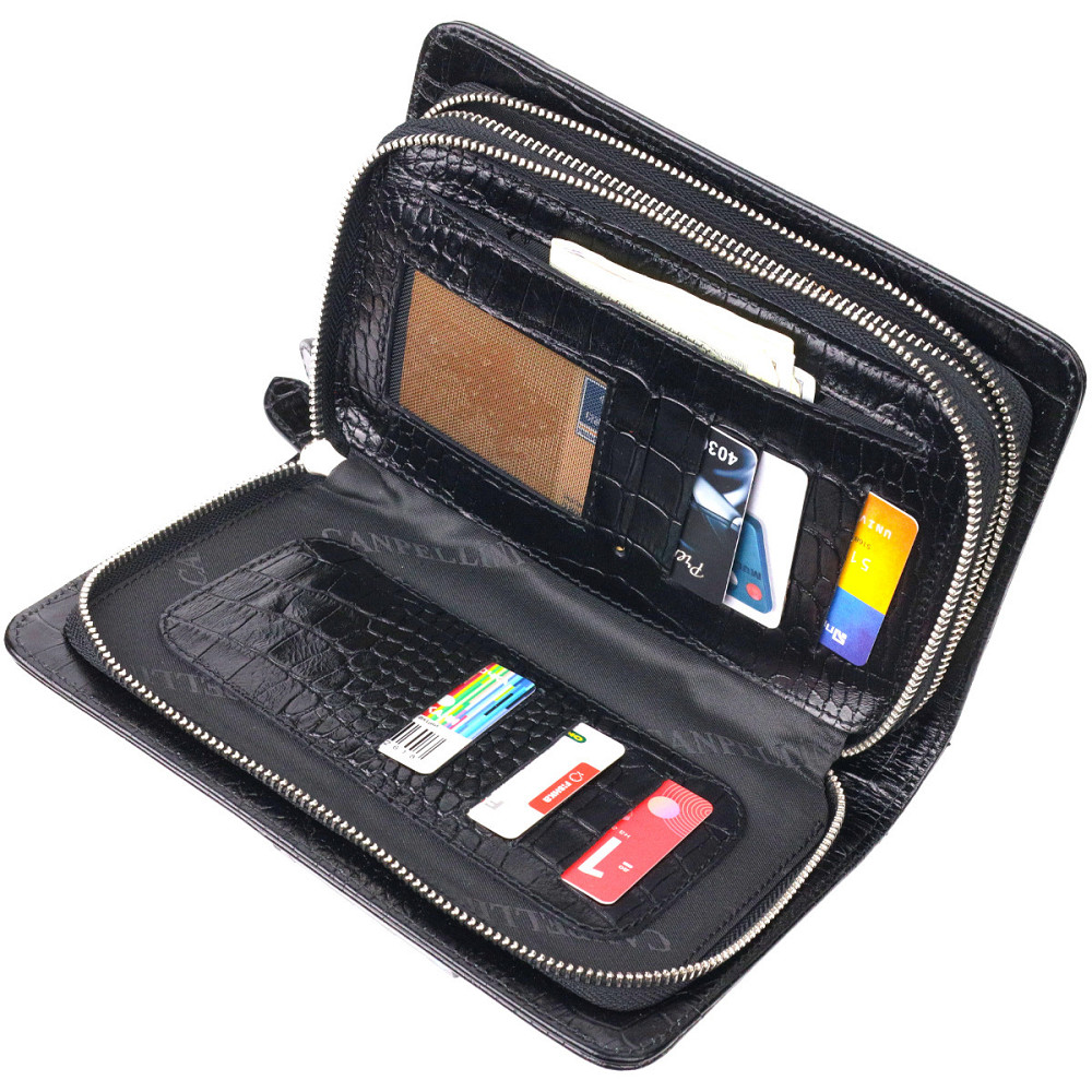 Стильна чоловіча барсетка на два відділення з натуральної фактурної шкіри з тисненням під крокодила Чорна (CANPELLINI) Київ - фото 1