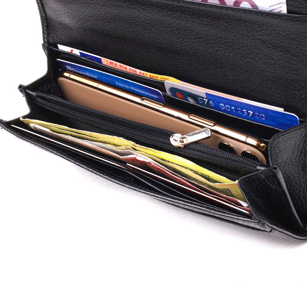 Женский вместительный кошелек из натуральной зернистой кожи CANPELLINI 21625 Черный Киев - изображение 5