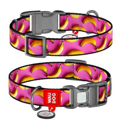 Ошейник для животных WAUDOG Nylon с QR адресником "Бананы на розовом" пластиковый фастекс L (282-4055) Винница