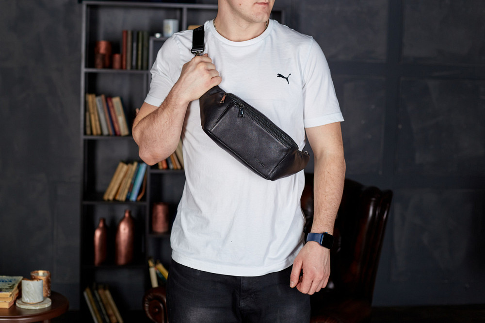 Поясная сумка-бананка Tiding Bag (11 х 25 х 8 см) из натуральной гладкой кожи Черный Киев - изображение 12