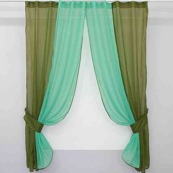 Кухонные шторы VR-Textil № 017к комбинированные с подвязками оливковый с лазурным 265х170 см (52-0008) Киев