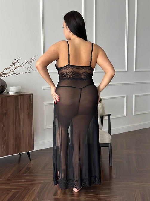 Сексуальний пеньюар з мереживом довгий з розрізом великих розмірів PLUS SIZE прозорий чорний ажурний з глибоким декольте 4XL Одеса - фото 3
