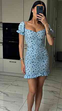 Женское легкое романтичное мини платье в цветочный принт софт 44/46, Голубой Одесса