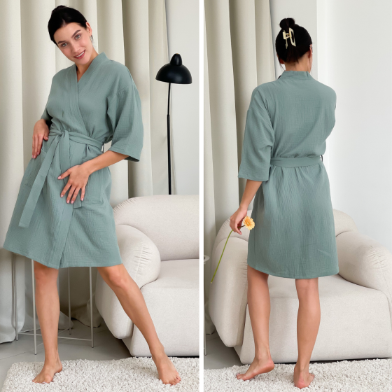 Жіночий мусліновий халат кімоно домашній літній з поясом на запах бавовна COSY Оливковий Одеса